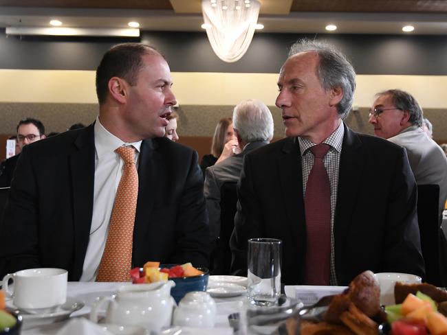 Energy Minister Josh Frydenberg (left) speaks to Australia's Chief Scientist Alan Finkel during the breakfast event.