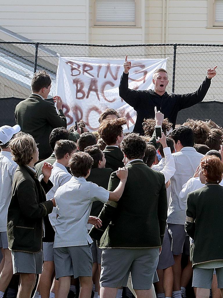 Trinity Grammar students protesting over the sacking of deputy headmaster Rohan Brown. Picture David Geraghty / The Australian.