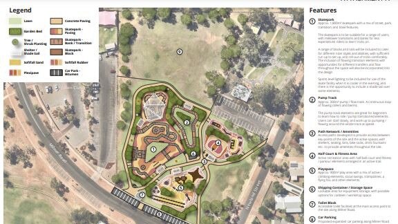 Concepts plans of the new multimillion dollar skatepark to be built at Newland Park in Alice Springs. Picture: Alice Springs Town Council.