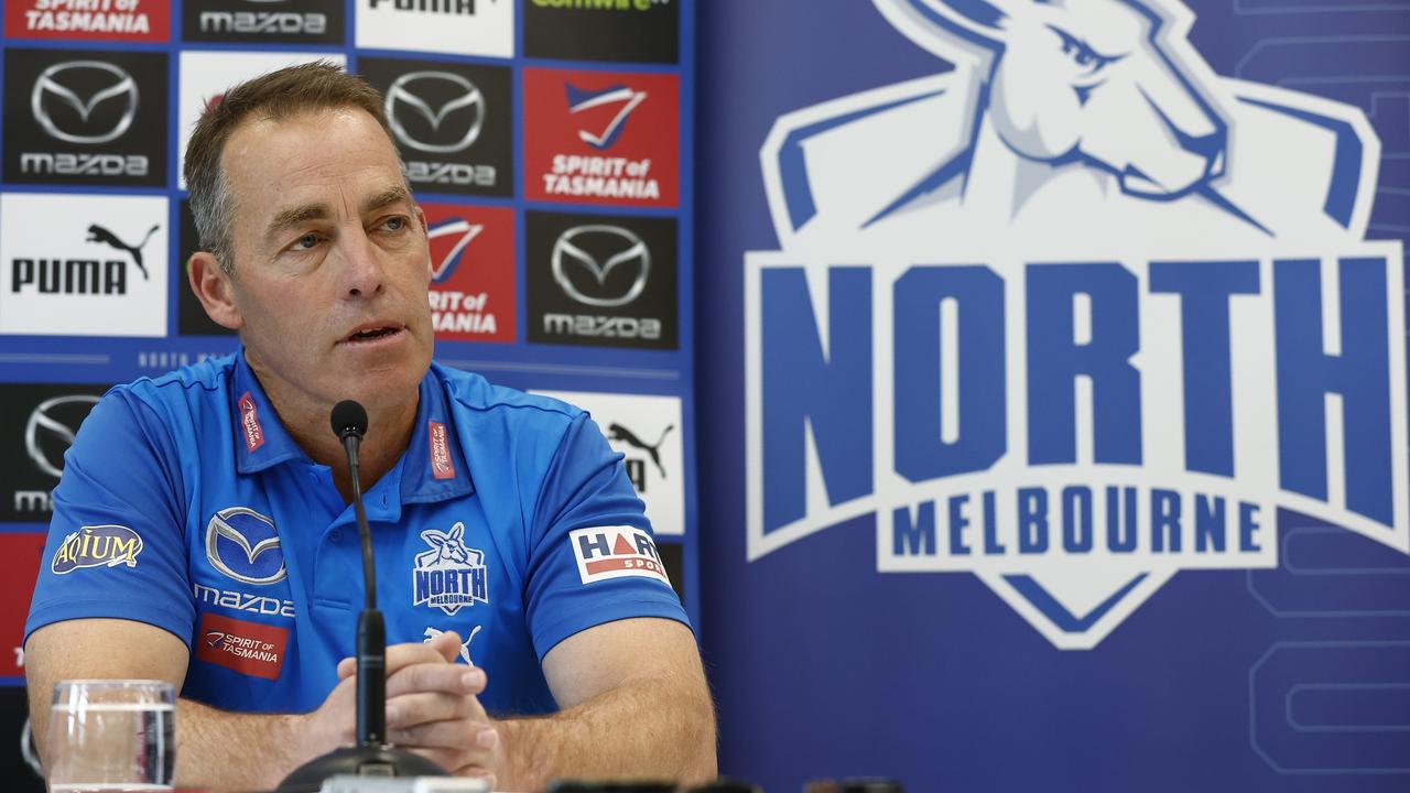 Alastair Clarkson speaks to the media. Photo by Darrian Traynor/Getty Images