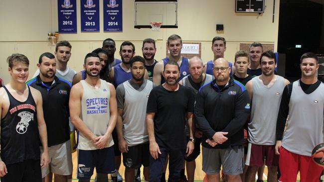 Billy Cross (centre, front) of Cross Promotions with the Gold Coast Rollers basketball team players, coaching staff at TSS this week. Their first game is this Sunday at TSS at 4pm. Cross Promotions has signed on as a backer of the team helping with sponsorship, marketing