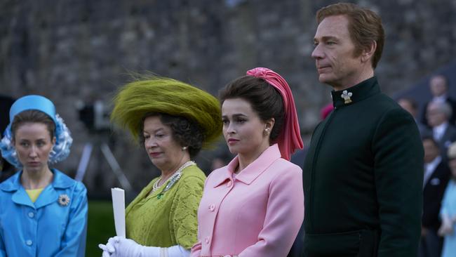 Erin Doherty, Marion Bailey, Helena Bonham Carter and Ben Daniels in a scene from season three of the TV series The Crown.