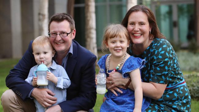 ‘Family means everything’ ... Kelly O’Dwyer with her husband, Jon Mant, and children Edward, 22 months, and Olivia, 3, at Parliament House yesterday. Picture: Kym Smith