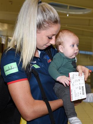 Adelaide Crows player Deni Varnhagen with one of Erin Phillips’ twins. Picture Roger Wyman