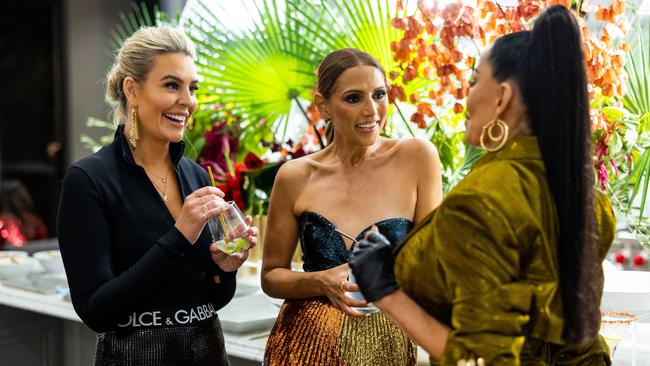 The Real Housewives of Sydney cast members from left: Kate Adams, Sally Obermder and Caroline Gaultier at Nicole O’Neils house for dinner. Picture: BINGE/Ben Symons.