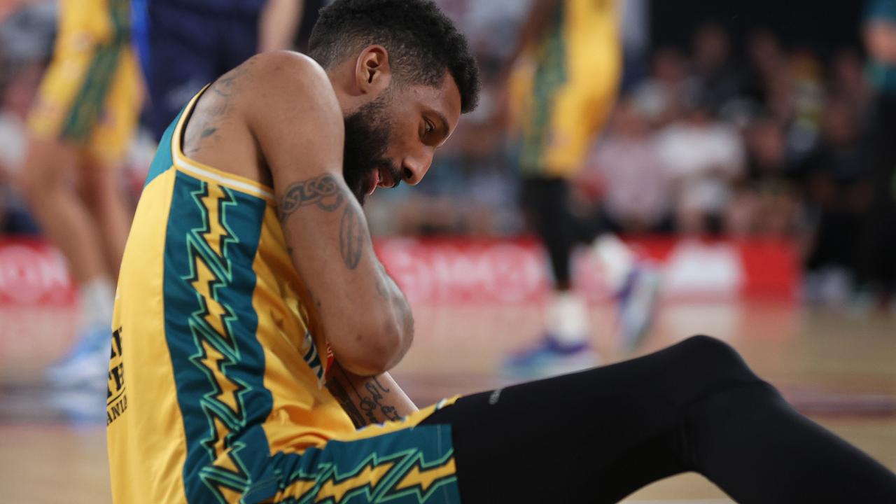 MELBOURNE, AUSTRALIA - MARCH 17: Marcus Lee of the Jackjumpers reacts after a contest during game one of the NBL Championship Grand Final Series between Melbourne United and Tasmania Jackjumpers at John Cain Arena, on March 17, 2024, in Melbourne, Australia. (Photo by Daniel Pockett/Getty Images)