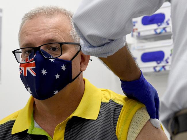 SYDNEY, AUSTRALIA - NewsWire Photos MARCH, 14, 2021: Prime Minster Scott Morrison is seen receiving his second and final COVID-19 vaccination shot at the Castle Hill Medical Centre, in Sydney. Picture: NCA NewsWire/Bianca De Marchi