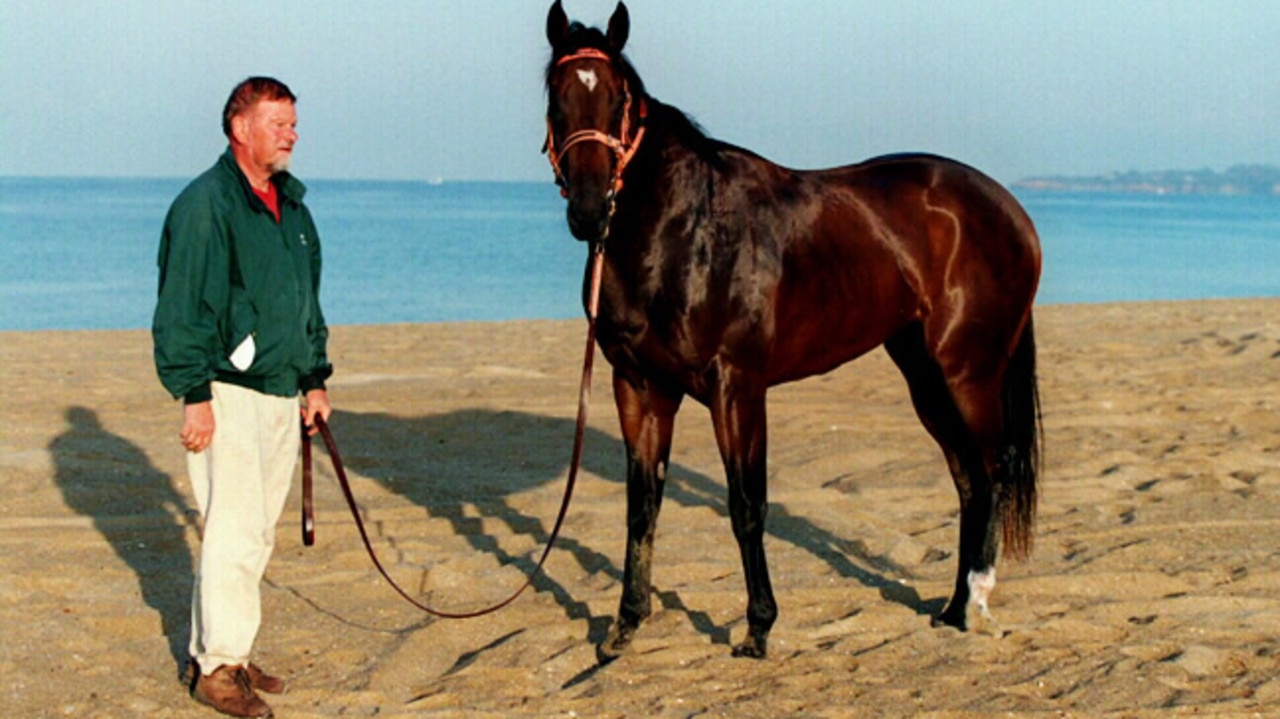 MARCH 19, 1999 : Racehorse Redoute's Choice, favourite for 1999 Golden Slipper,  27/03/99, ready for swim with his trainer Rick Hore-Lacy at Mordialloc Beach in Melbourne, 19/03/99. Pic Graham Crouch. Turf