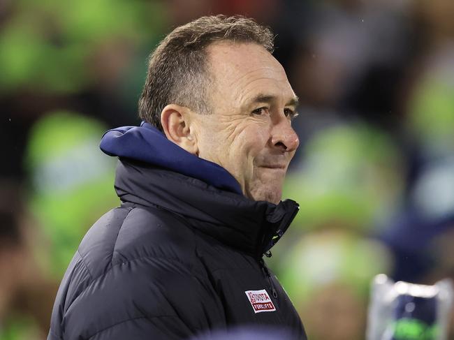 CANBERRA, AUSTRALIA - AUGUST 06: Raiders coach Ricky Stuart looks on during the round 21 NRL match between the Canberra Raiders and the Penrith Panthers at GIO Stadium, on August 06, 2022, in Canberra, Australia. (Photo by Mark Evans/Getty Images)