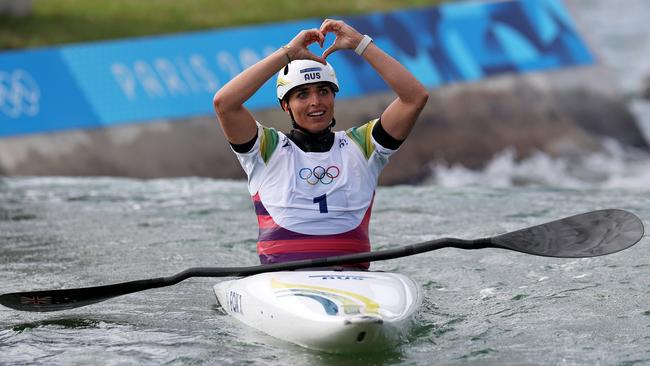 Canoeist Jessica Fox after completing her final run in the K1 slalom, which delivered a second Olympic gold medal early on Monday (AEST). Picture: Getty Images