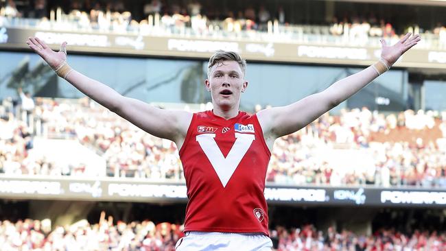 Morphettville Park recruit Alex Barns celebrates a goal during the 2018 SANFL grand final. Picture: Sarah Reed