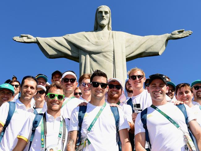 RIO DE JANEIRO, BRAZIL - AUGUST 01: The Australian Men's Hockey team pose for a photo infront of the Christ the Redeemer statue on August 1, 2016 in Rio de Janeiro, Brazil. (Photo by Quinn Rooney/Getty Images)