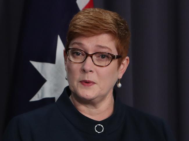 PM Scott Morrison and Foreign Affairs Minister Marise Payne speaking at a press conference at Parliament House in Canberra. Picture Kym Smith