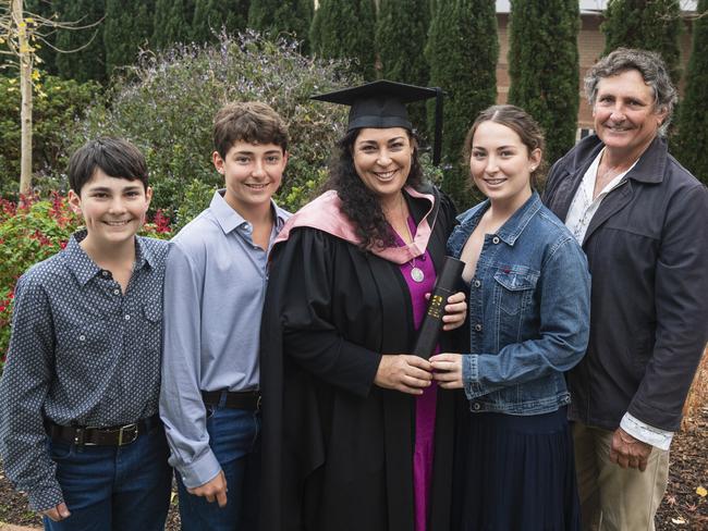 Master of Learning and Teaching (with distinction) graduate Deanne Doherty with family (from left) David, Matthew, Mikayla and John Doherty at a UniSQ graduation ceremony at The Empire, Tuesday, June 25, 2024. Picture: Kevin Farmer