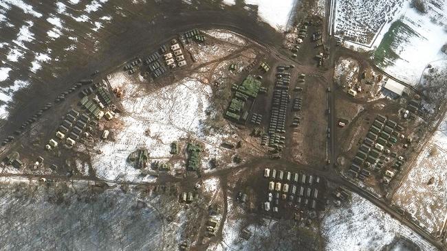 A satellite image shows a new deployment, material support and troops, near Belgorod in Russia.