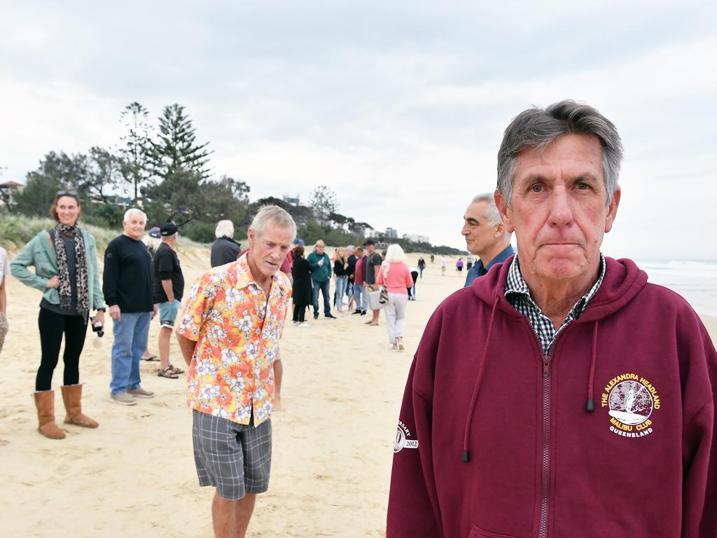 Kevin Annetts joins a protest against a proposed Mooloolaba to Maroochydore cycleway. Picture: Patrick Woods