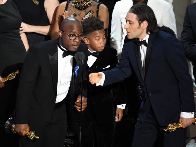 Director Barry Jenkins and the cast and crew of Moonlight accept the Best Picture award.