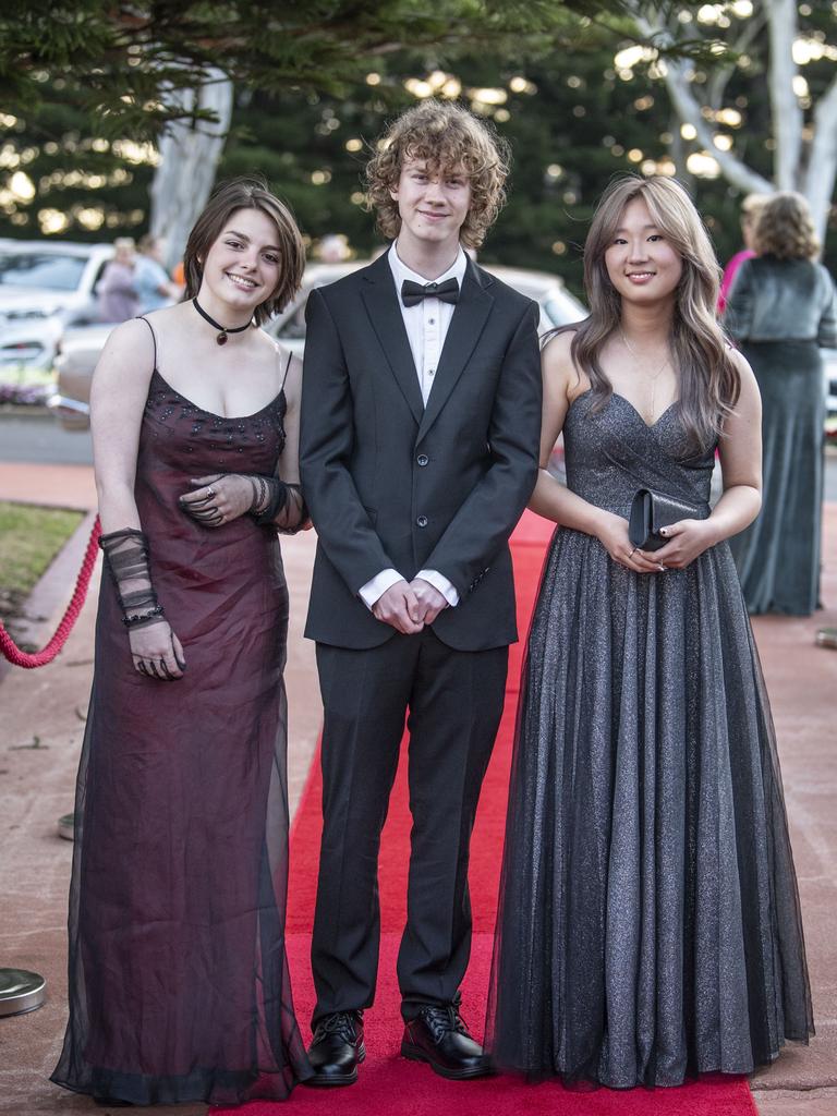 Emily Sims, Seth Pukallus and Ayun Kim. Toowoomba State High School formal at Picnic Point. Friday, September 9, 2022. Picture: Nev Madsen.