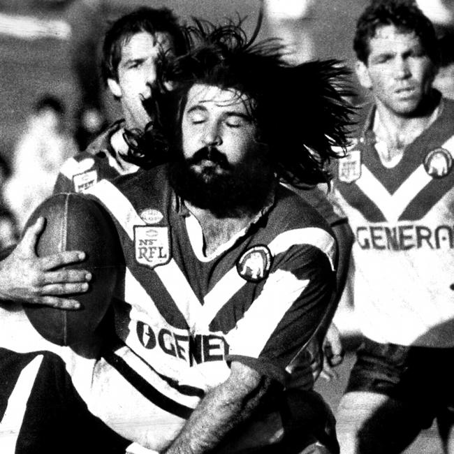 Geoff Robinson (ball) during Canterbury v Penrith RL game, 11/06/1982.