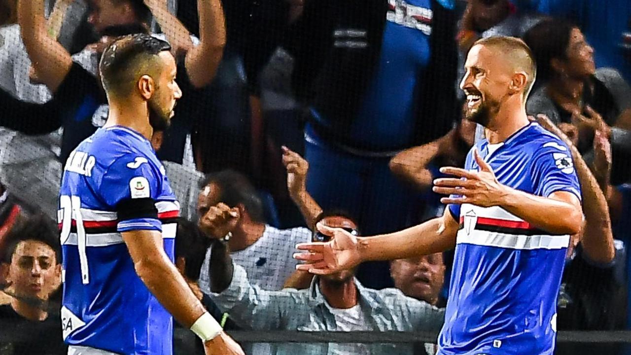 Sampdoria's Fabio Quagliarella, left, celebrates with his teammate Gaston Ramirez after scoring against Napoli.
