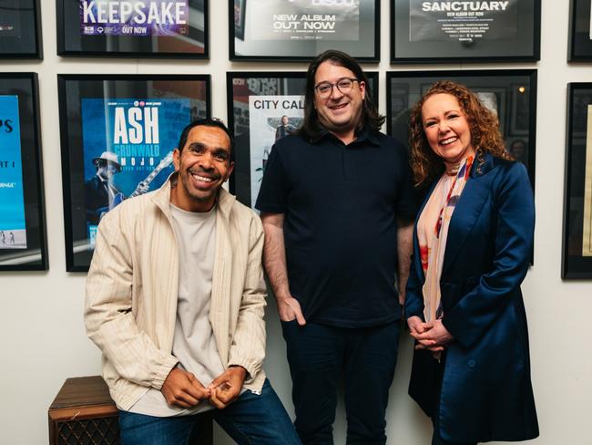 AFL great Eddie Betts, Mushroom Records CEO Matt Gudinksi and Coles chief marketing officer Lisa Ronson announce the supermarket's First Nations Pathways Program is moving into the music industry to support young Indigenous artists. Picture: supplied