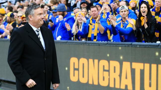 Collingwood president Eddie McGuire congratulates the West Coast fans. Picture: Mark Stewart