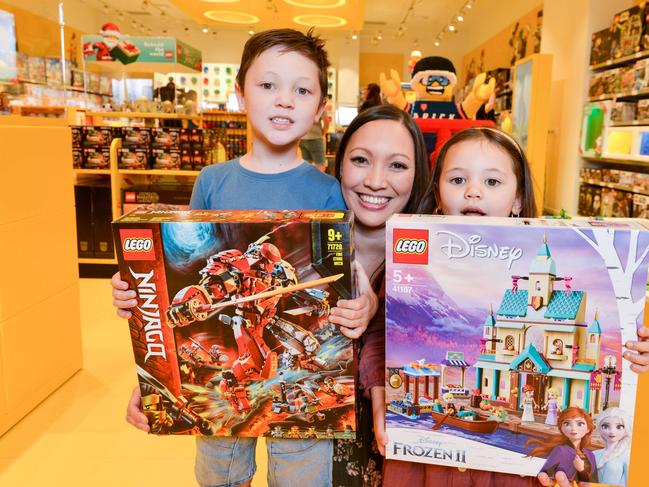 Jessica Russell with her children Connor 5 and Isla 3 at the official lego store at Westfield Marion. Picture: Brenton Edwards.