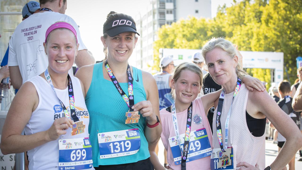 Amanda Baker, Mel Didham, Indy Volant 11 and Kelli Volant all of Hobart after Run the Bridge at Hobart. Picture: Chris Kidd