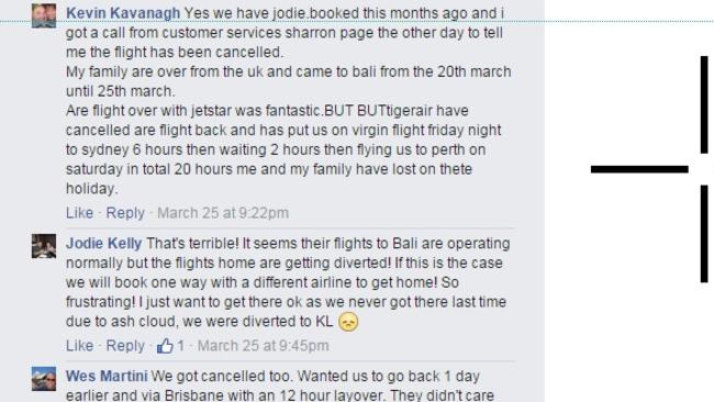 Screenshot of Tigerair's Facebook page and the response to its announcement flights to Bali have begun. Picture: Facebook / Tigerair