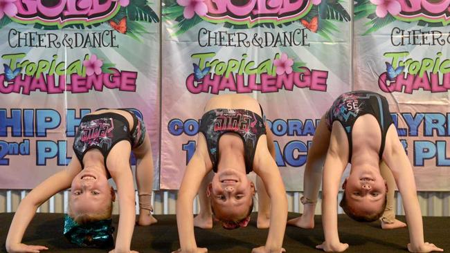 Paityn Spence, Abby Hutchings and Ella Coyne at EPIC studeio's acrobatics and aerial school holiday workshop. Picture: Jann Houley