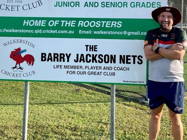 Luke Jackson standing in front of the Barry Jackson nets, named after his father. Picture: Mackay Cricket Facebook