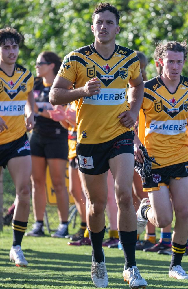 Sunshine Coast Falcons Mal Meninga captain Jackson Kite leads his team out. Picture: Kyliesfootyphotos/Kylie McLellan