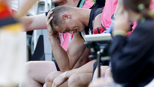 Nathan Kreuger will have to wait to add to his debut game for Collingwood after sustaining a shoulder injury. Picture: Getty Images