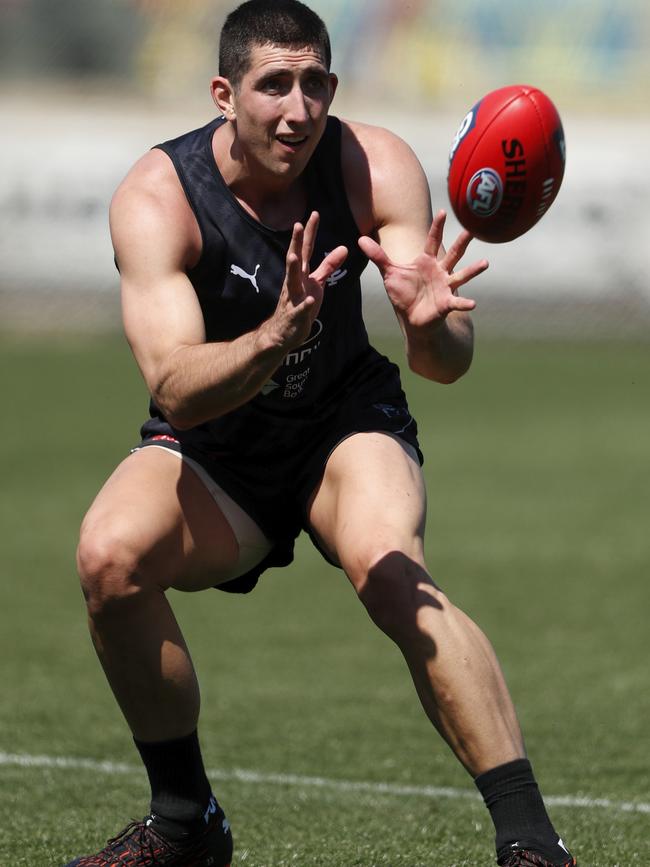 Jacob Weitering gets down to business. Picture: AFL Photos via Getty Images