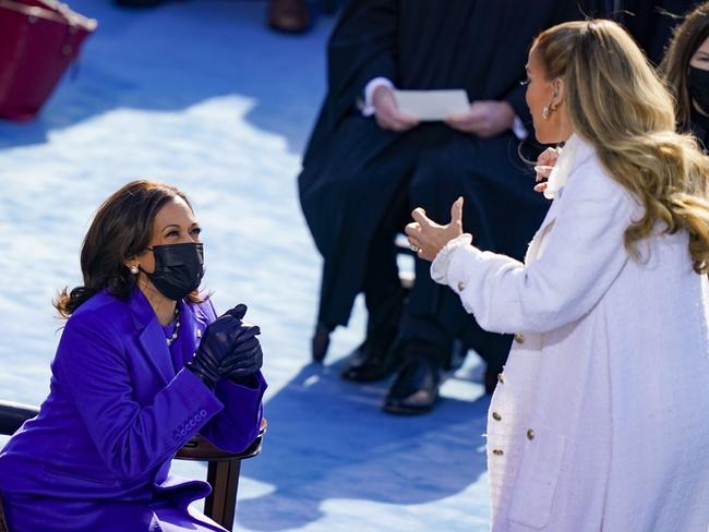 Vice President Kamala Harris greets Jennifer Lopez during the inauguration of President-elect Joe Biden. Picture: Getty Images