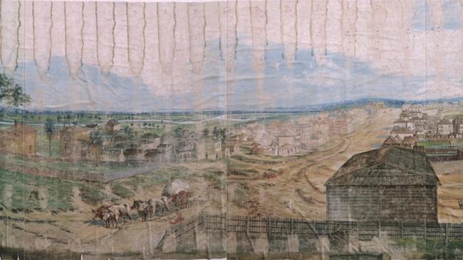 Part two of a Cyclorama of early Melbourne, part of the painting was damaged. Picture: State Library of Victoria