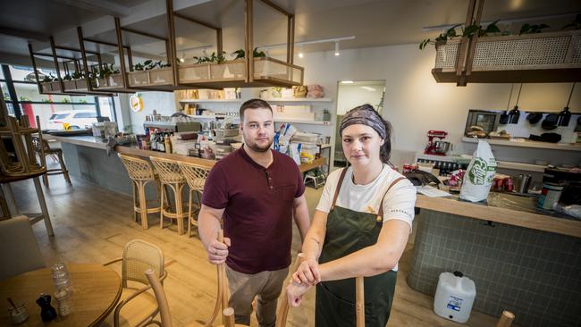 Head Chef Josh Mathewson and Sous Chef Kiri Booth. Sisterhood cafe in Sandy Bay has been badly damaged by water and will have to close. Picture: RICHARD JUPE