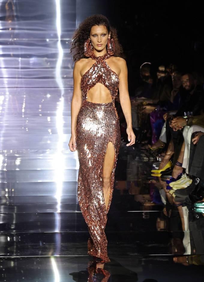 Gigi and Bella Hadid Walk the Runway Together in Disco Gowns for Tom Ford