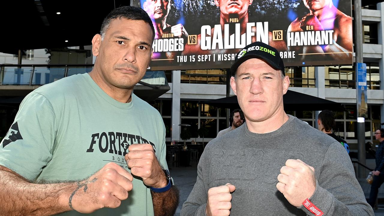 BRISBANE, AUSTRALIA - AUGUST 17: Paul Gallen and Justin Hodges pose for a photo during a No Limit Boxing Open Day at King George Square on August 17, 2022 in Brisbane, Australia. (Photo by Bradley Kanaris/Getty Images)