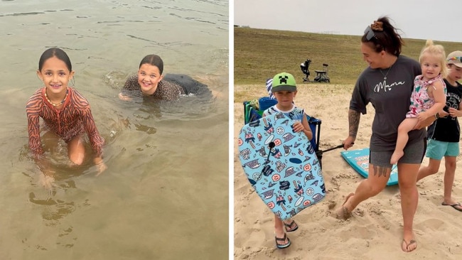 L: Matilda and Harper Anderson, Kayla Sheargold and her children Mason, Lily and Anikai