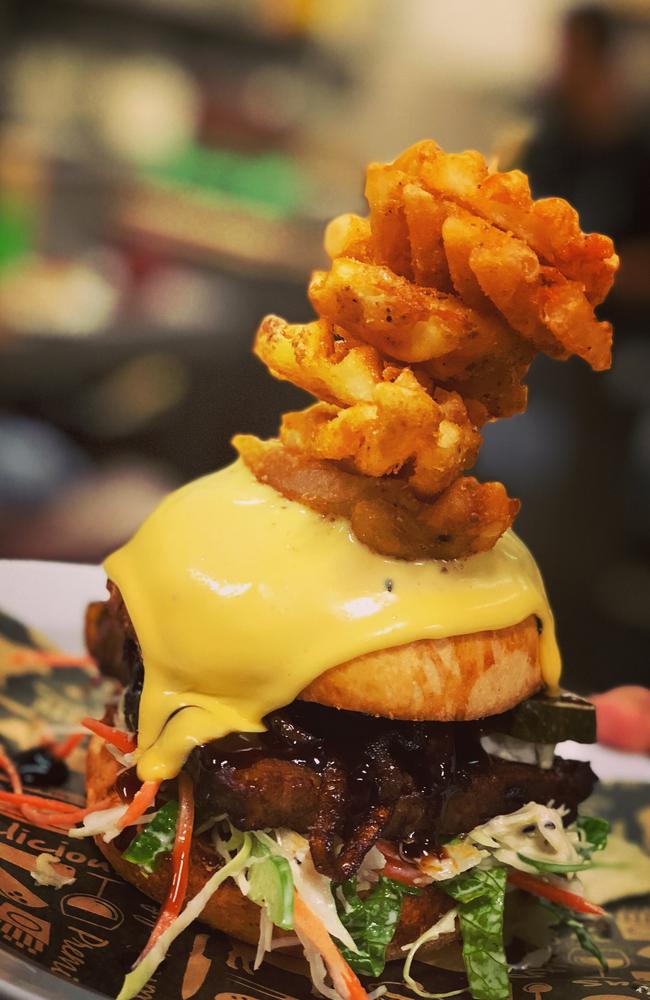 The Behemoth Burger from Elements Grill at Darwin Free Spirit Resort. Picture: Supplied