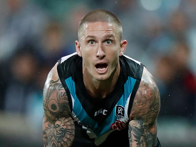 ADELAIDE, AUSTRALIA - OCTOBER 16: Hamish Hartlett of the Power in action during the 2020 AFL First Preliminary Final match between the Port Adelaide Power and the Richmond Tigers at Adelaide Oval on October 16, 2020 in Adelaide, Australia. (Photo by Michael Willson/AFL Photos via Getty Images)