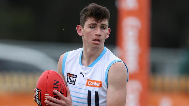 MELBOURNE, AUSTRALIA - June 02: Connor Evans of the Pioneers in action during the 2024 Coates Talent League U18 Boys Round 10 match between Bendigo Pioneers and Gippsland Power at La Trobe University on June 02, 2024 in Melbourne, Australia. (Photo by Rob Lawson/AFL Photos)