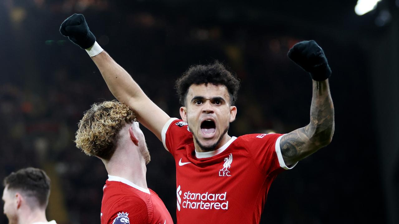 LIVERPOOL, ENGLAND – FEBRUARY 21: Luis Diaz of Liverpool celebrates scoring his team's third goal during the Premier League match between Liverpool FC and Luton Town at Anfield on February 21, 2024 in Liverpool, England. (Photo by Clive Brunskill/Getty Images)