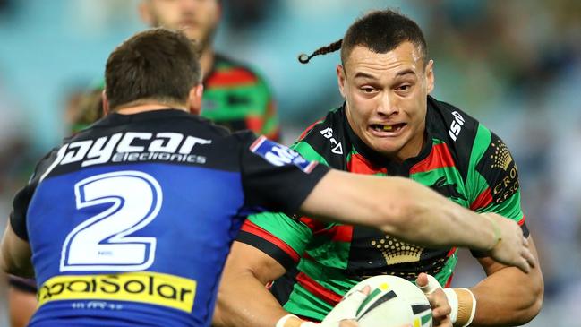 Tyrell Fuimaono in his Rabbitohs days playing against the Canterbury Bulldogs.