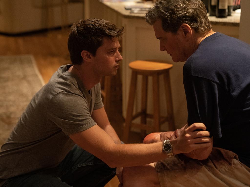 Patrick Schwarzenegger and Colin Firth in The Staircase. Picture: HBO MAX/Binge