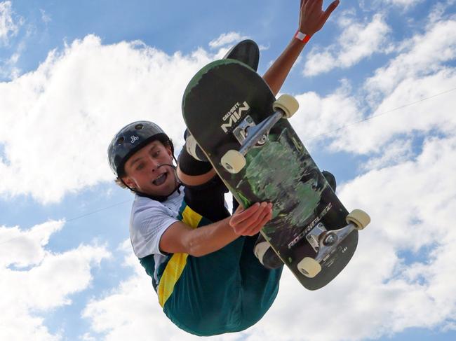 PARIS, FRANCE - AUGUST 07: Australia's Keegan Palmer competes in the men's park skateboarding final during the Paris 2024 Olympic Games at La Concorde in Paris on August 7, 2024. (Photo by Odd ANDERSEN / POOL / AFP)