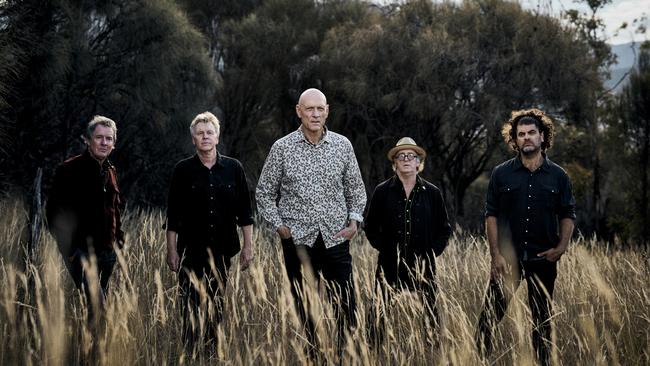 Midnight Oil band members Rob Hirst, Martin Rotsey, Peter Garrett, Jim Moginie and Adam Ventoura in Tasmania for their final national tour. Picture: Remi Chauvin