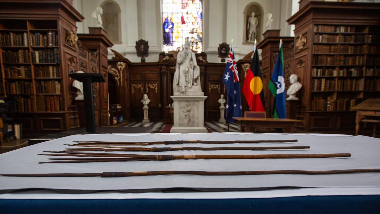 The formal transfer of ownership ceremony of the Kamay Spears took place at Trinity College Cambridge, UK. The four spears have been repatriated to their traditional owners, the La Perouse Aboriginal community and Dharawal people. Picture: supplied