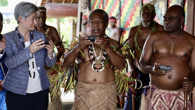 A delegation led by Foreign Minister Penny Wong meets with chiefs in Vanuatu on Monday. Picture: DFAT